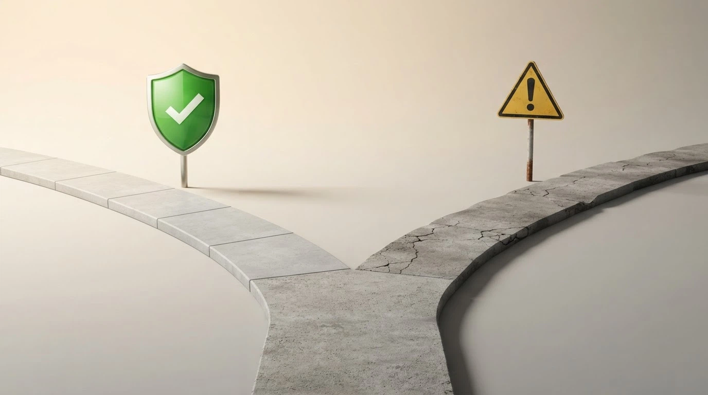 Dos caminos que se bifurcan: uno señalizado con el logotipo de la DGOJ y las protecciones al jugador, otro sin señalizar con un signo de advertencia