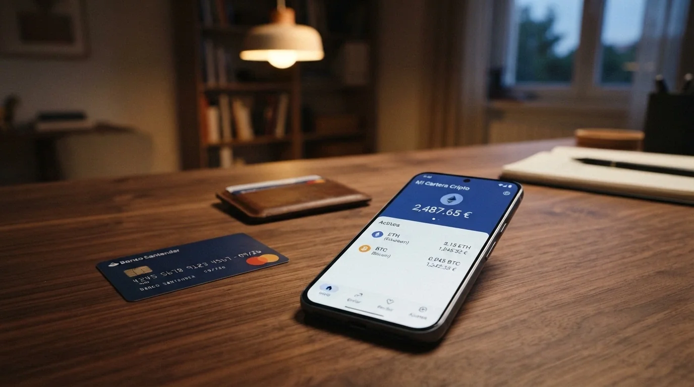 Cartera digital mostrando saldo en bitcoin junto a tarjetas y un monedero electrónico