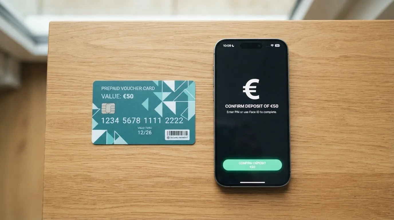 Tarjeta Paysafecard de 10 euros junto a un teléfono mostrando la pantalla de depósito de un casino