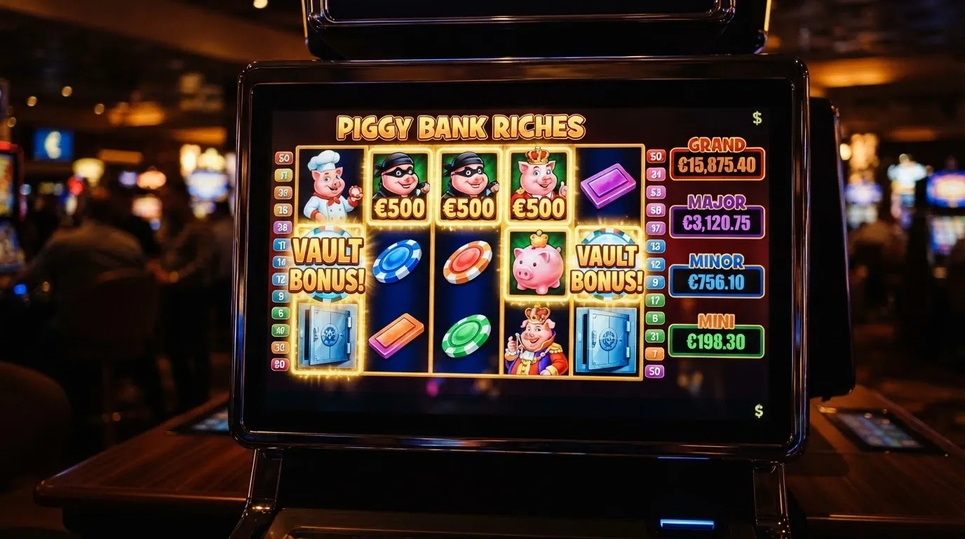 Imagen del slot Piggies and the Bank con los cerditos en los carretes y los cuatro niveles de bote en el panel lateral