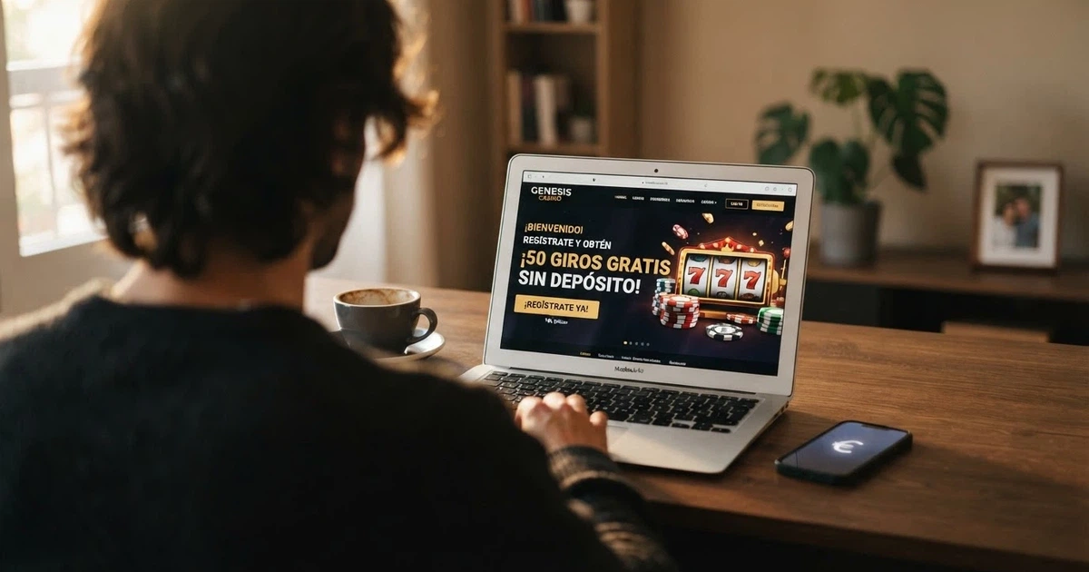 Un jugador consultando ofertas de casino en una pantalla con el texto «sin depósito» visible y un móvil al lado