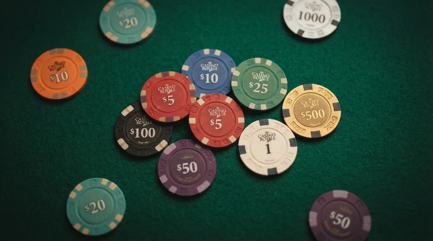 Vista cenital de diez fichas de póker de colores distintos alineadas sobre una mesa de casino verde, cada una representando a un operador del ranking