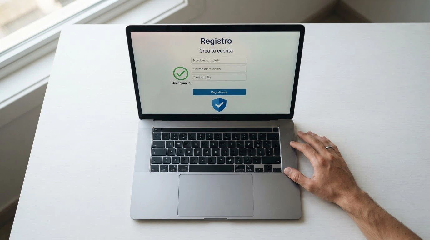 Pantalla de registro en un casino online español con el campo «sin depósito» visible junto a iconos de verificación de identidad.