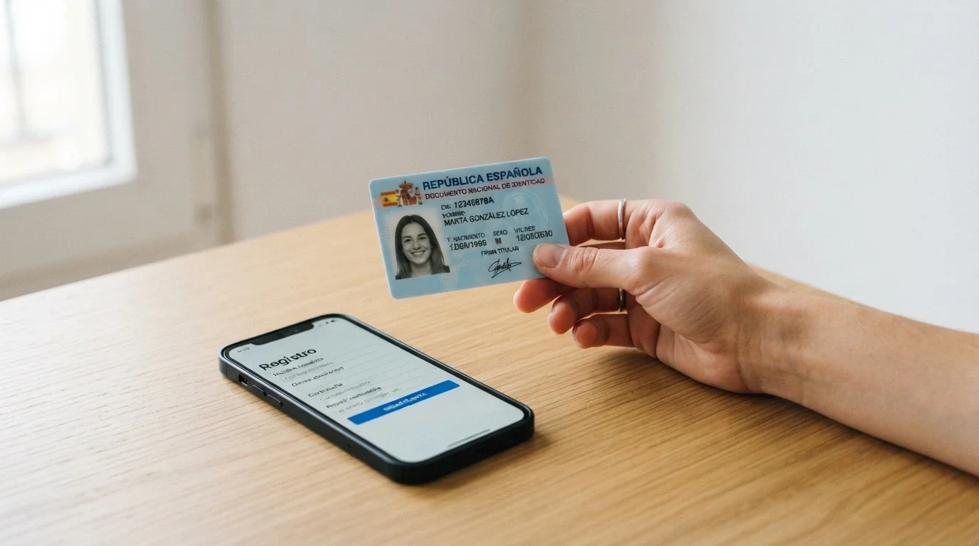 Una mano sostiene un documento de identidad junto a la pantalla de registro de un casino online