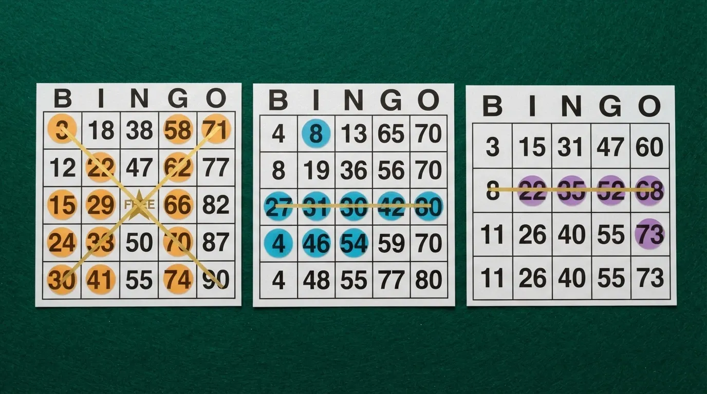 tres cartones de bingo de distintas modalidades (5×5, 4×4, 3×5) con números marcados y una línea ganadora resaltada