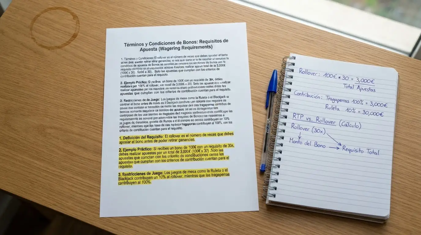Primer plano de los términos y condiciones de una promoción de casino subrayados con un marcador amarillo, junto a una calculadora