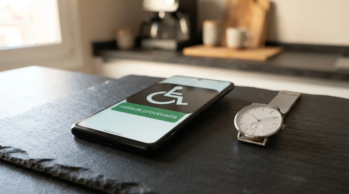 Un reloj junto al símbolo de Cardano y una notificación de «retirada procesada» en la pantalla de un móvil