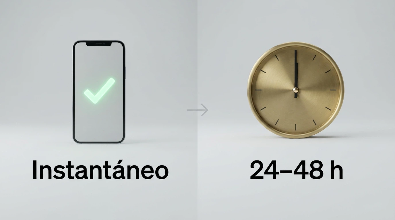 Pantalla dividida que compara el flujo de depósito (instantáneo) con el de retirada (24–48 h), con iconos de reloj y check junto a cada fase