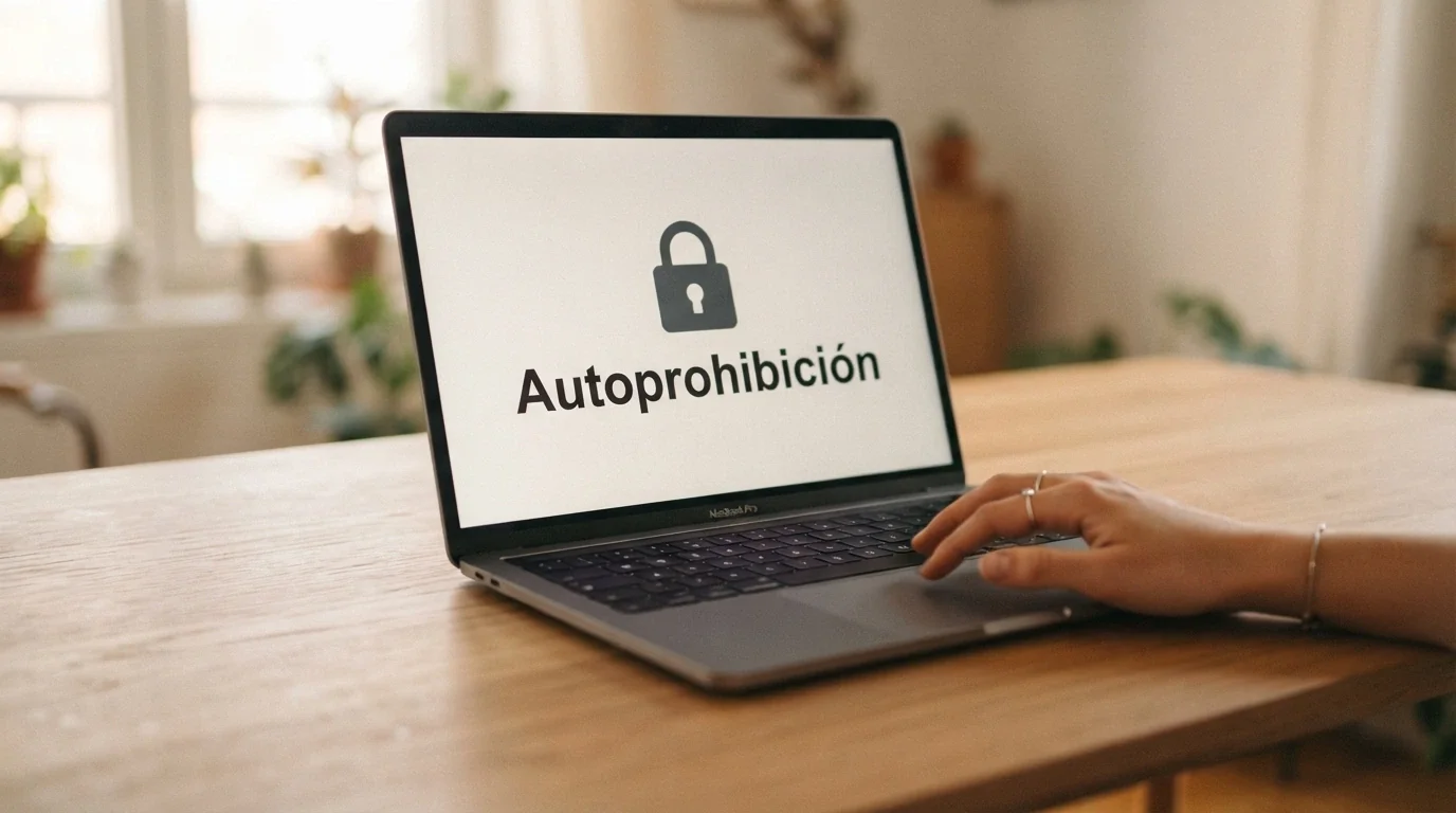 Pantalla de ordenador mostrando la interfaz de acceso al RGIAJ en la sede electrónica de la DGOJ con un candado y la palabra «autoprohibición»