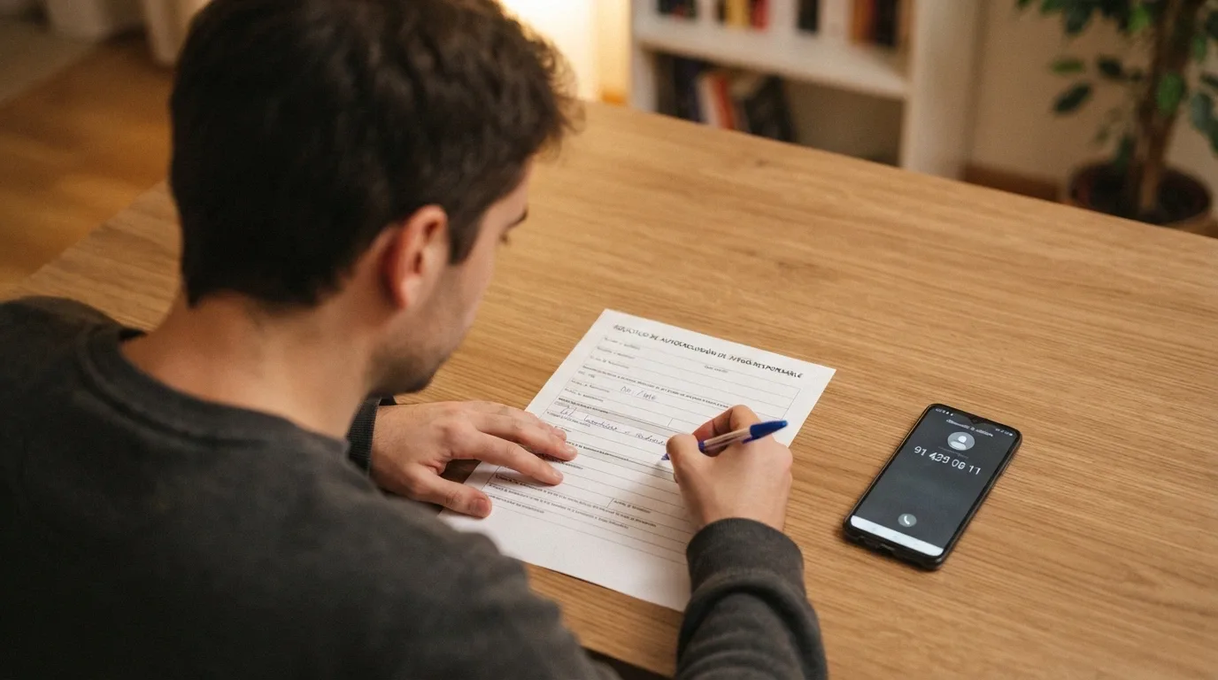 Formulario del RGIAJ junto a un teléfono mostrando en pantalla el número de contacto 91 425 08 11