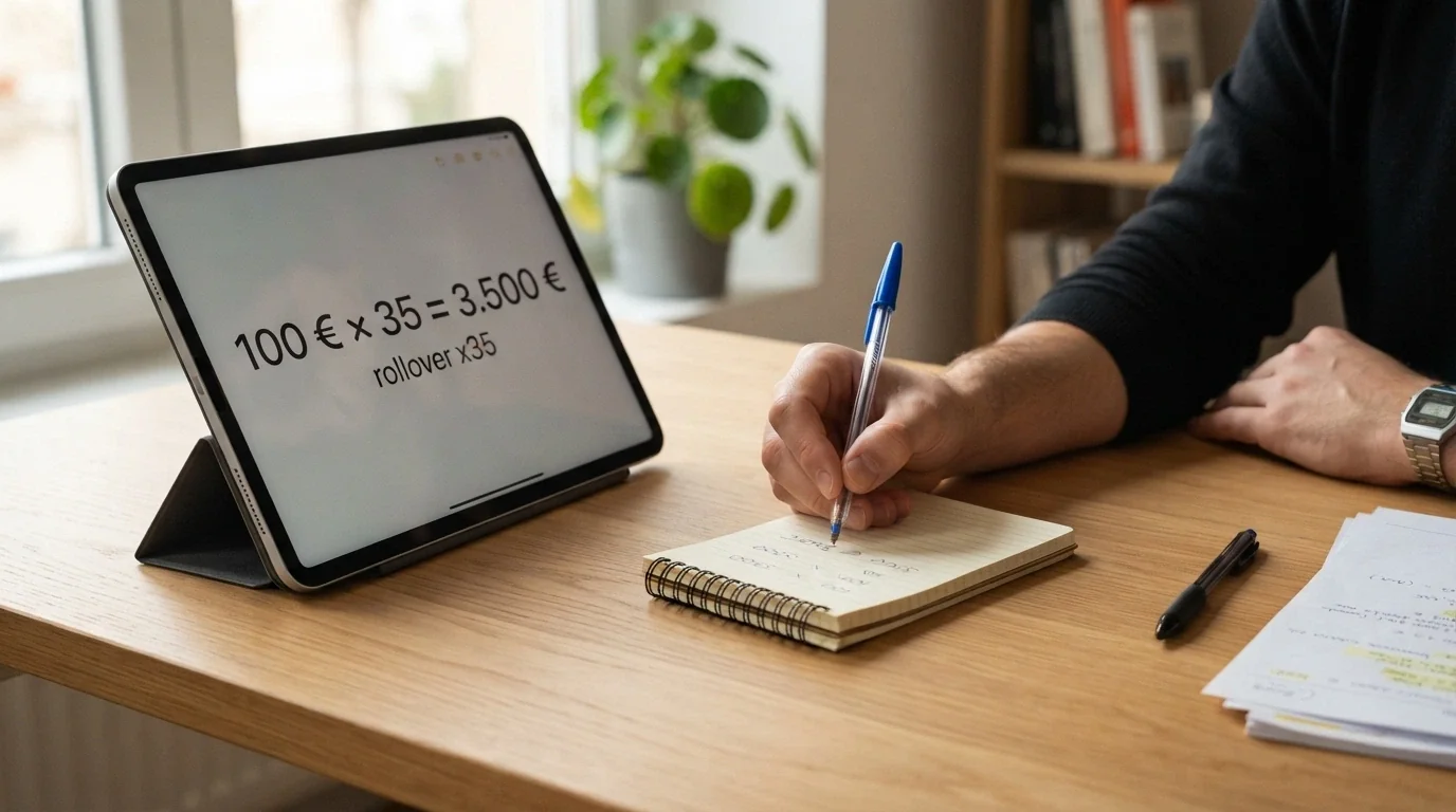 Una calculadora sobre una mesa junto a una pantalla con el saldo de un casino online, mostrando la operación «100 € x 35 = 3.500 €»