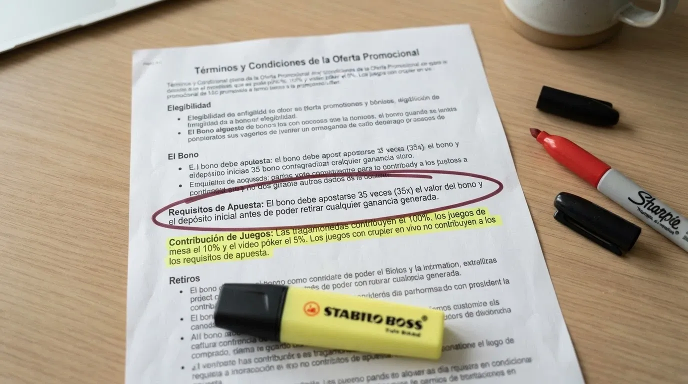 Primer plano de los términos y condiciones de una promoción de tiradas gratis con el apartado de requisitos de apuesta subrayado