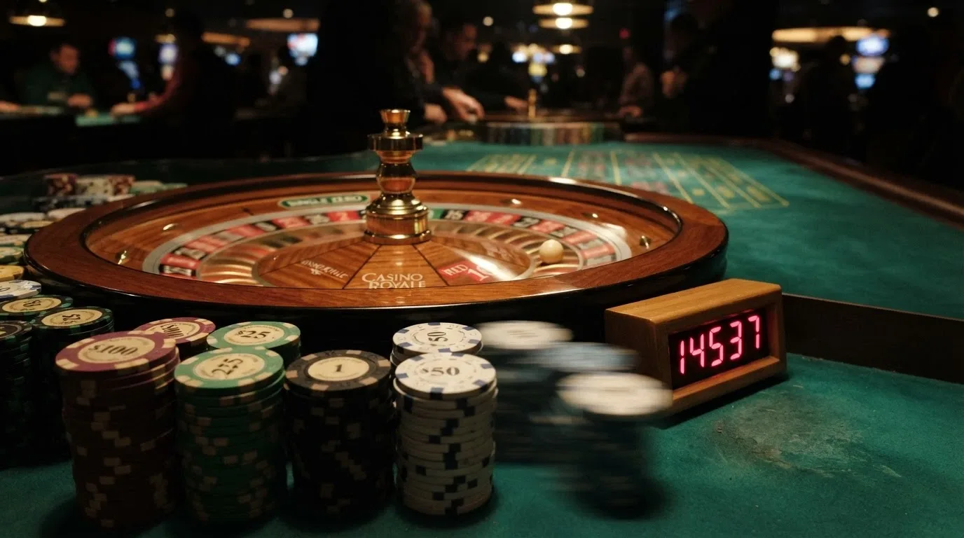 Primer plano de una ruleta con fichas apiladas y un contador que avanza; algunas fichas se desvanecen para ilustrar la pérdida por wagering.