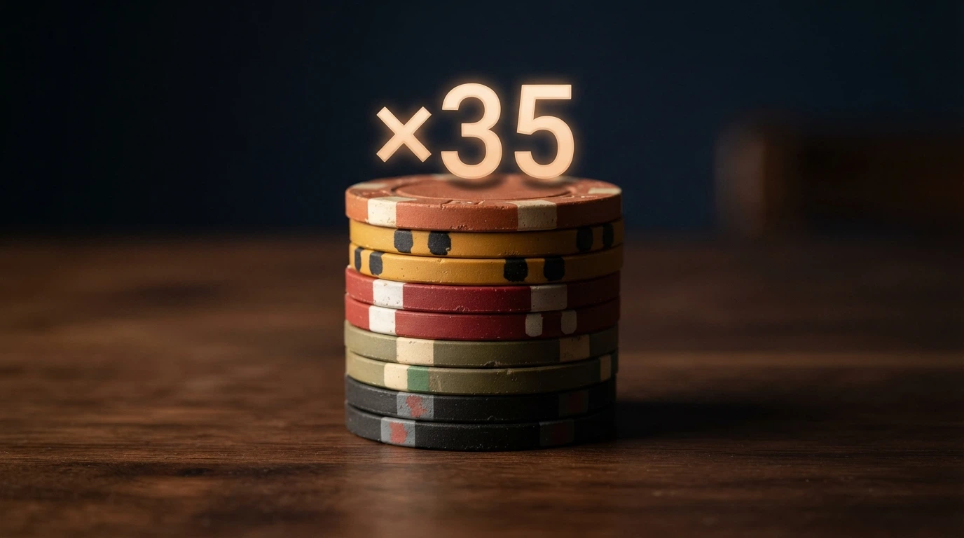 Una representación visual del mecanismo de rollover: fichas de casino apiladas con un multiplicador x35 superpuesto