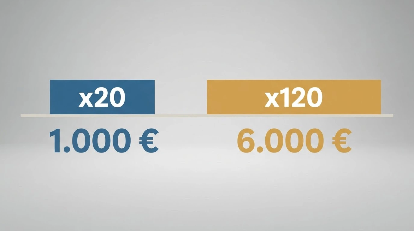Representación visual de la diferencia entre un rollover bajo y uno alto: una barra de progreso corta frente a una larga, con los multiplicadores x20 y x120 destacados