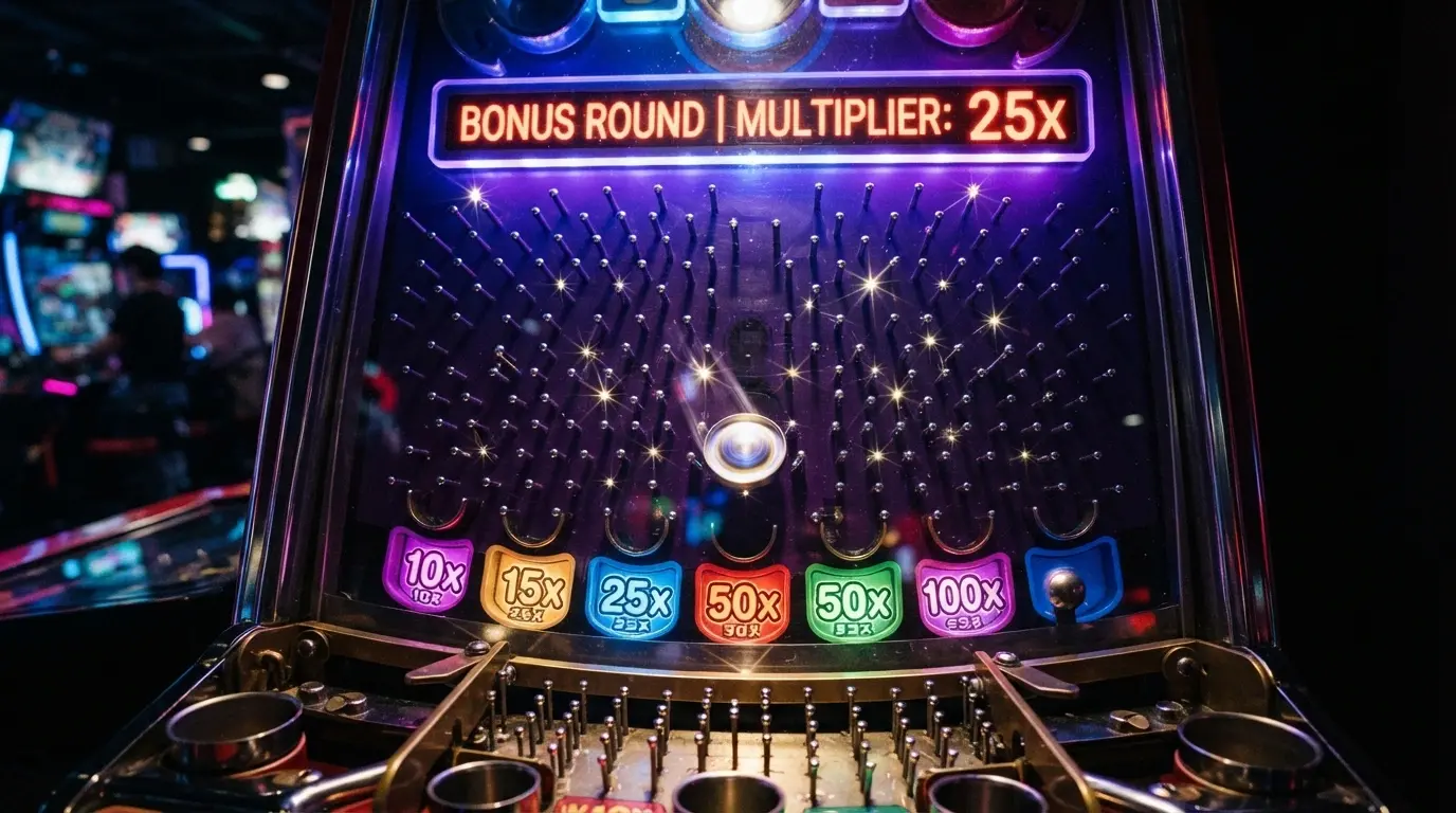 Captura del tablero de Pachinko de Crazy Time con el disco cayendo sobre la pared de clavos y multiplicadores visibles