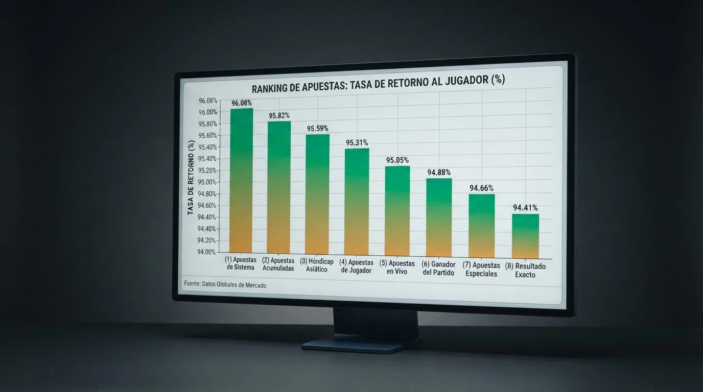 Gráfico de barras con los porcentajes de RTP de cada tipo de apuesta de Crazy Time ordenados de mayor a menor