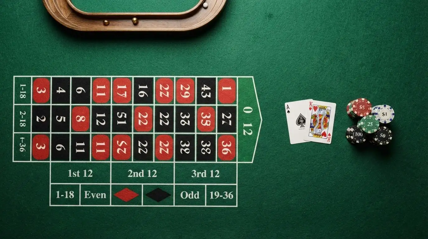 Vista cenital de una mesa de ruleta europea con el tapete verde y los números visibles, junto a una mano de blackjack y fichas de póker dispuestas sobre el tapete