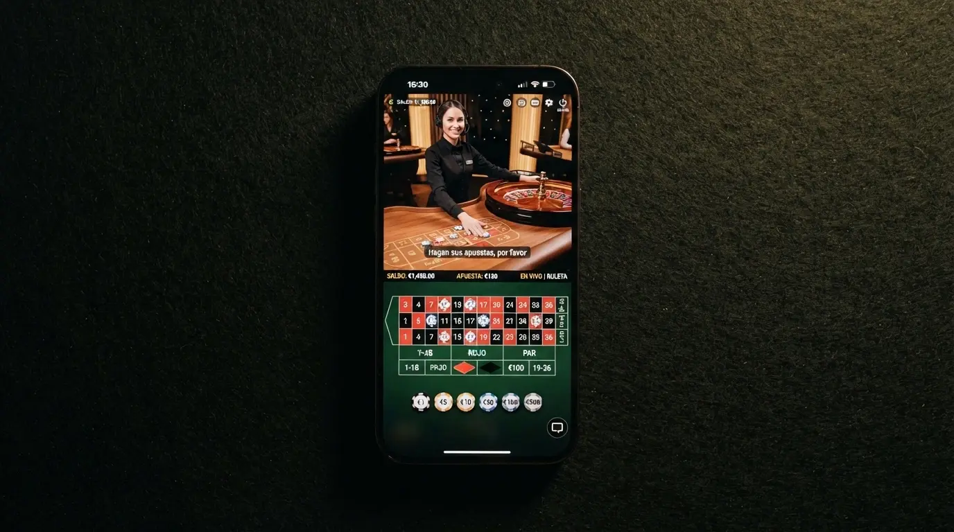 Un crupier real detrás de una mesa de ruleta filmado en plano medio, con la interfaz de apuestas superpuesta en la mitad inferior de la pantalla del teléfono