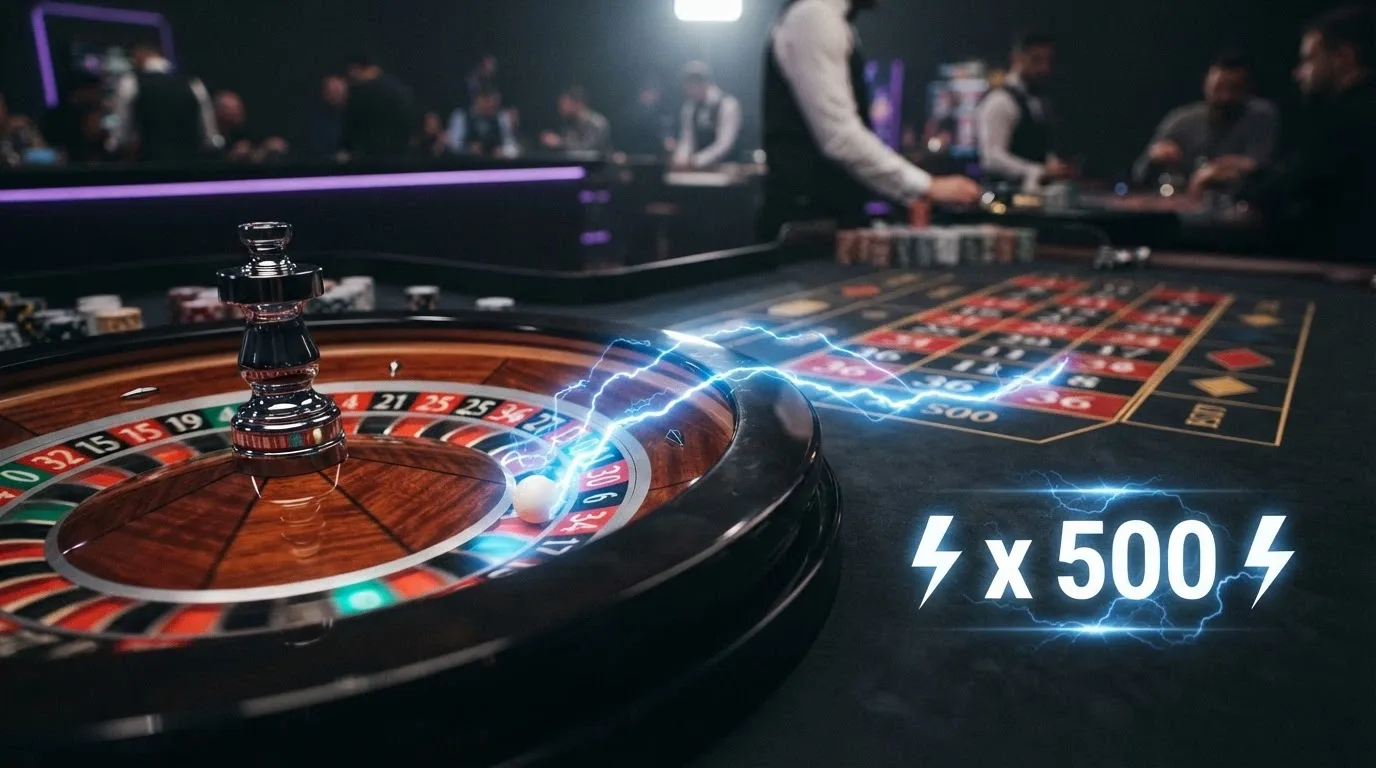 Mesa de Lightning Roulette de Evolution con los números afortunados iluminados por rayos y el multiplicador en pantalla