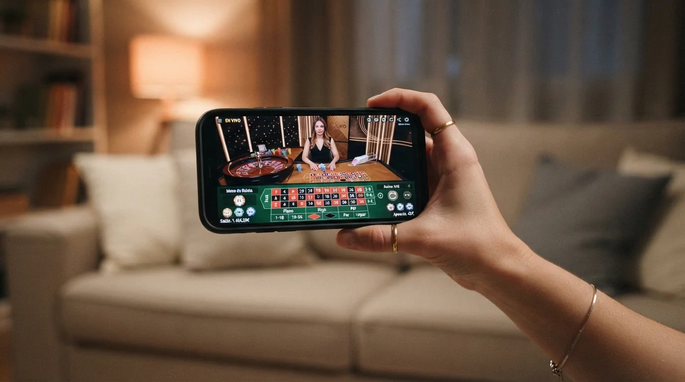 Mano sosteniendo un teléfono móvil en horizontal con una mesa de ruleta en vivo en pantalla, el crupier visible y la interfaz de apuesta activa
