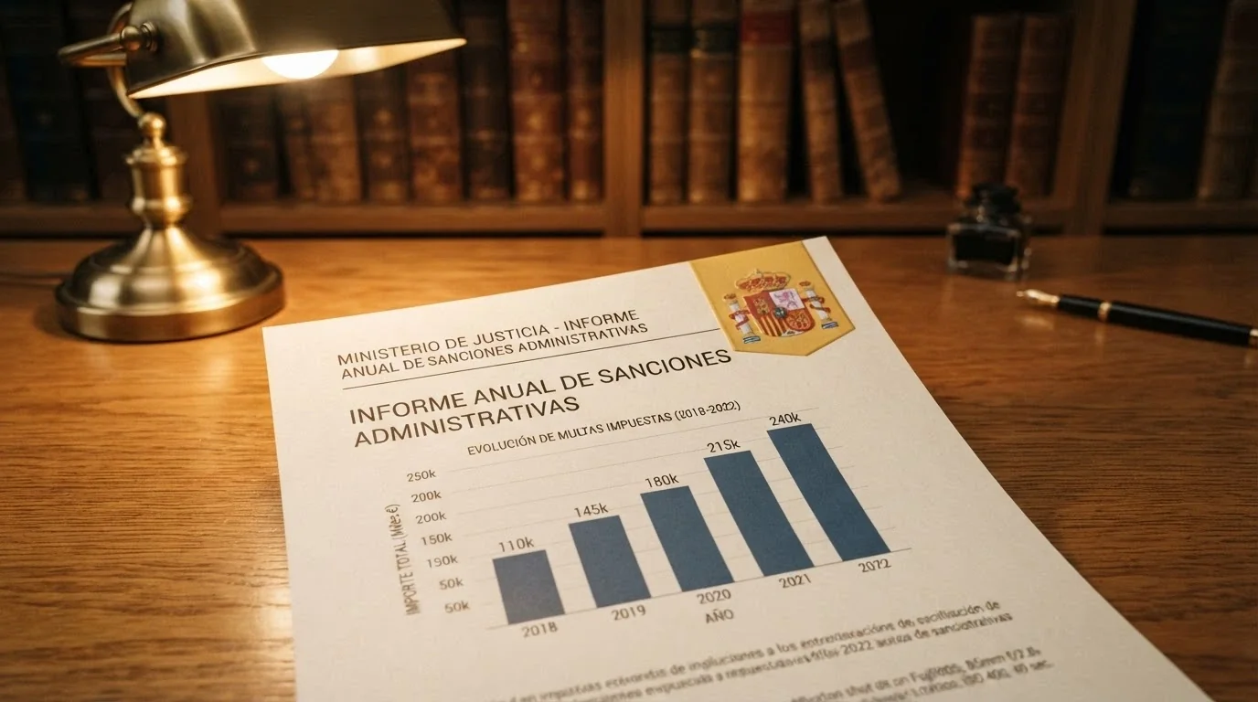 Un documento oficial con el sello de la DGOJ sobre una mesa, junto a un gráfico de barras que muestra el crecimiento de las multas por juego ilegal