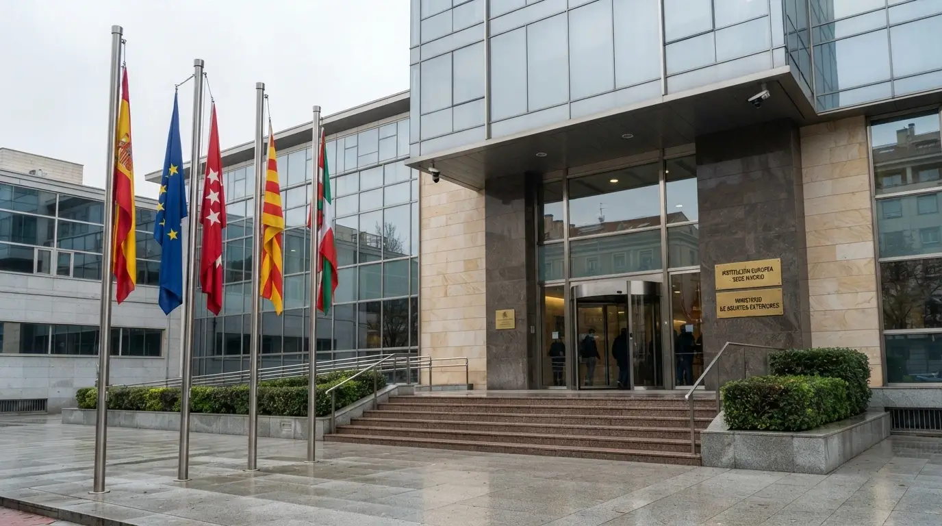 La fachada de un edificio institucional moderno con la bandera de España y de la Unión Europea, que evoca la sede del regulador del juego