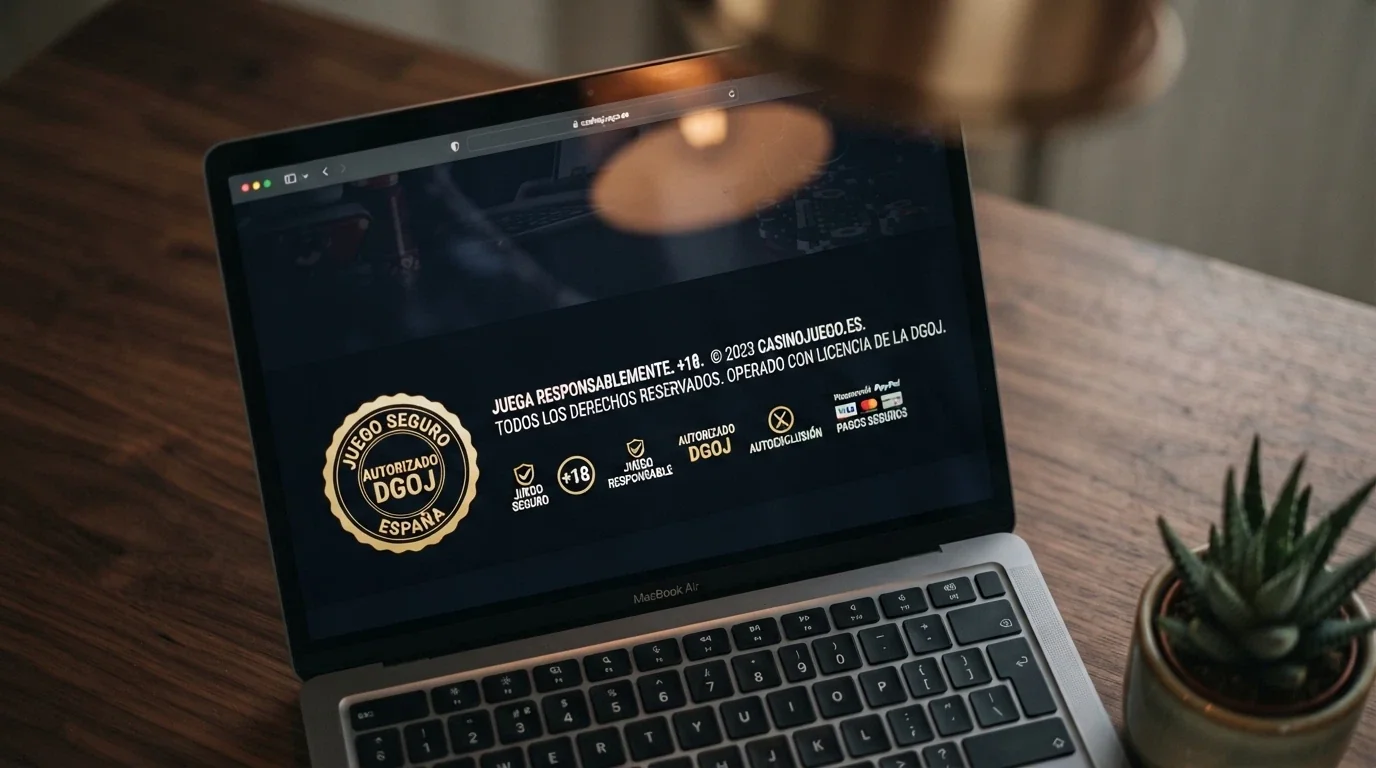 Captura del pie de página de un casino online con el sello DGOJ, el dominio .es y los logos de juego responsable