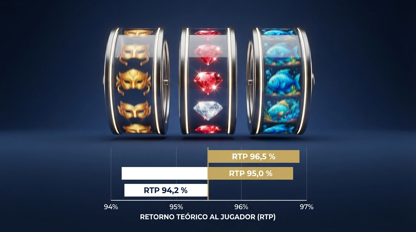 Una cuadrícula con tres tragaperras distintas en movimiento, cada una mostrando su tabla de pagos y su RTP en pantalla