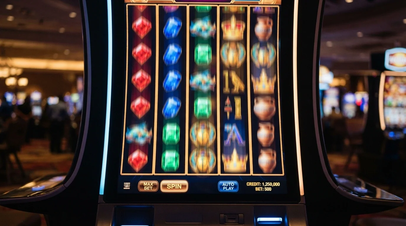 Captura de pantalla de una slot colorida con rodillos girando y el porcentaje de RTP visible en la esquina inferior