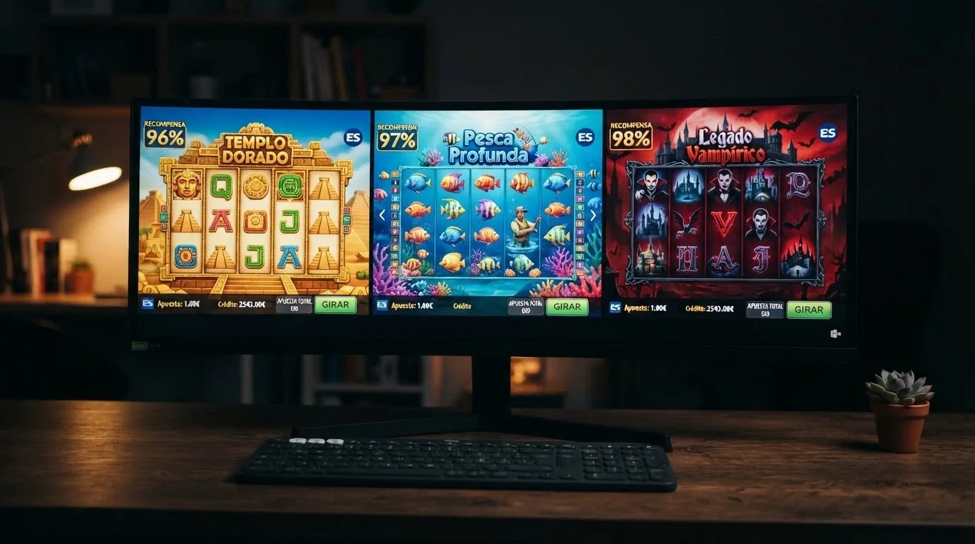 Pantalla con tres máquinas tragaperras online distintas mostrando sus pantallas de juego, con el porcentaje de RTP visible en una esquina