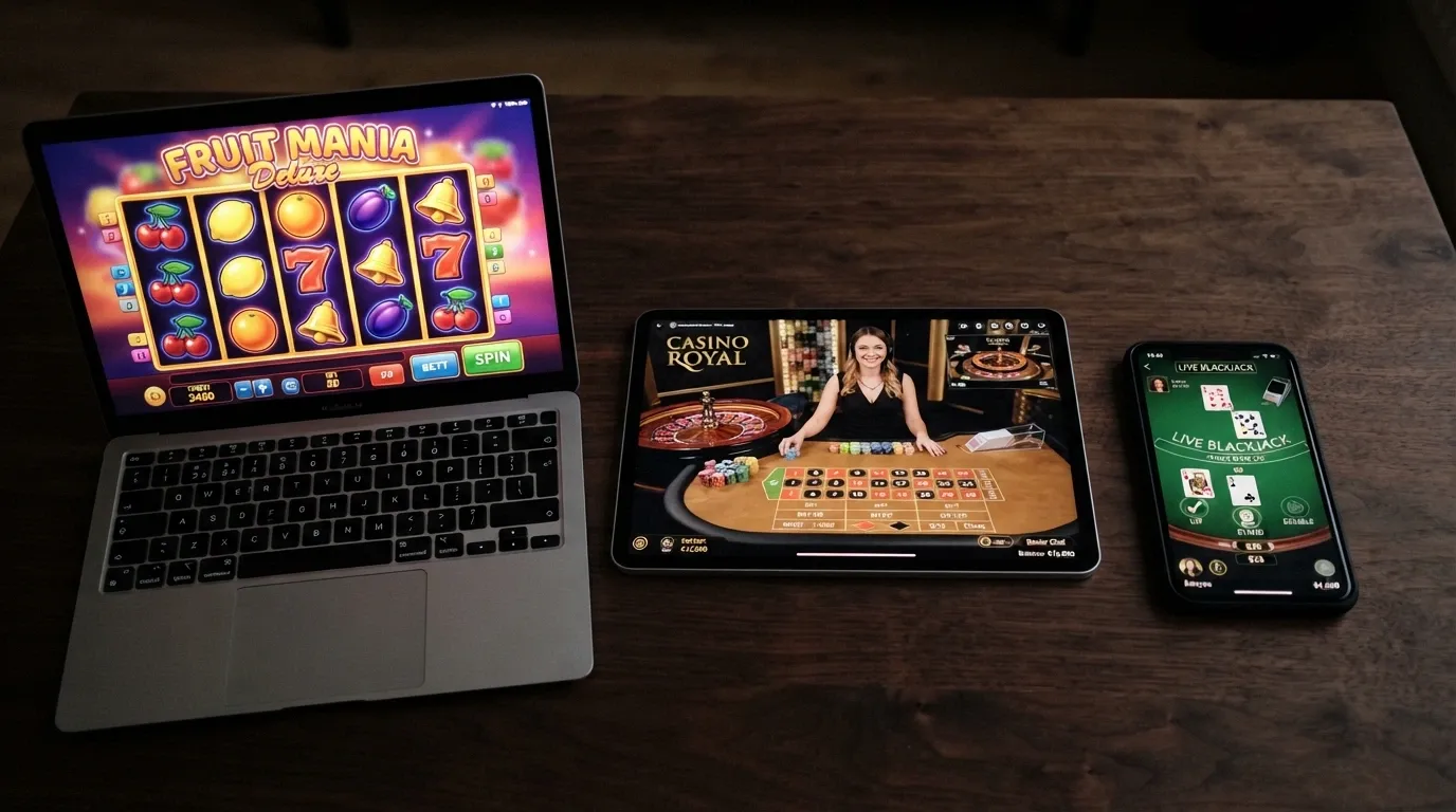Collage de tres pantallas de juegos de casino online: una tragaperras de cinco rodillos, una mesa de ruleta en vivo con crupier real y una mesa de blackjack digital