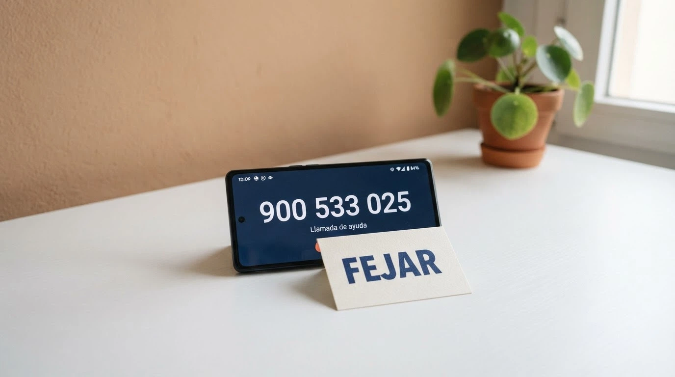 Un teléfono fijo con el número 900 533 025 iluminado en la pantalla y el logotipo de FEJAR