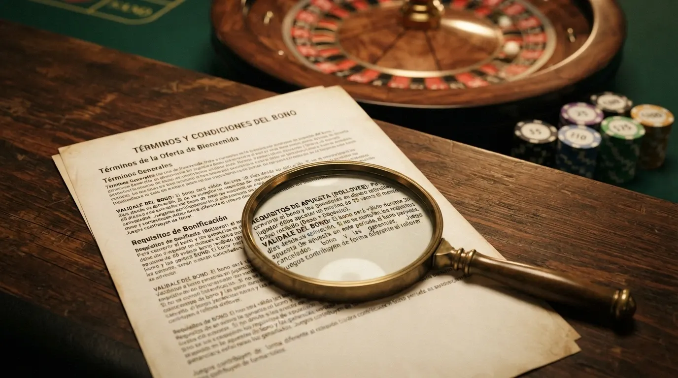 Primer plano de unas condiciones de bono sobre una mesa, con una lupa sobre los apartados de rollover y vigencia, junto a una ruleta al fondo