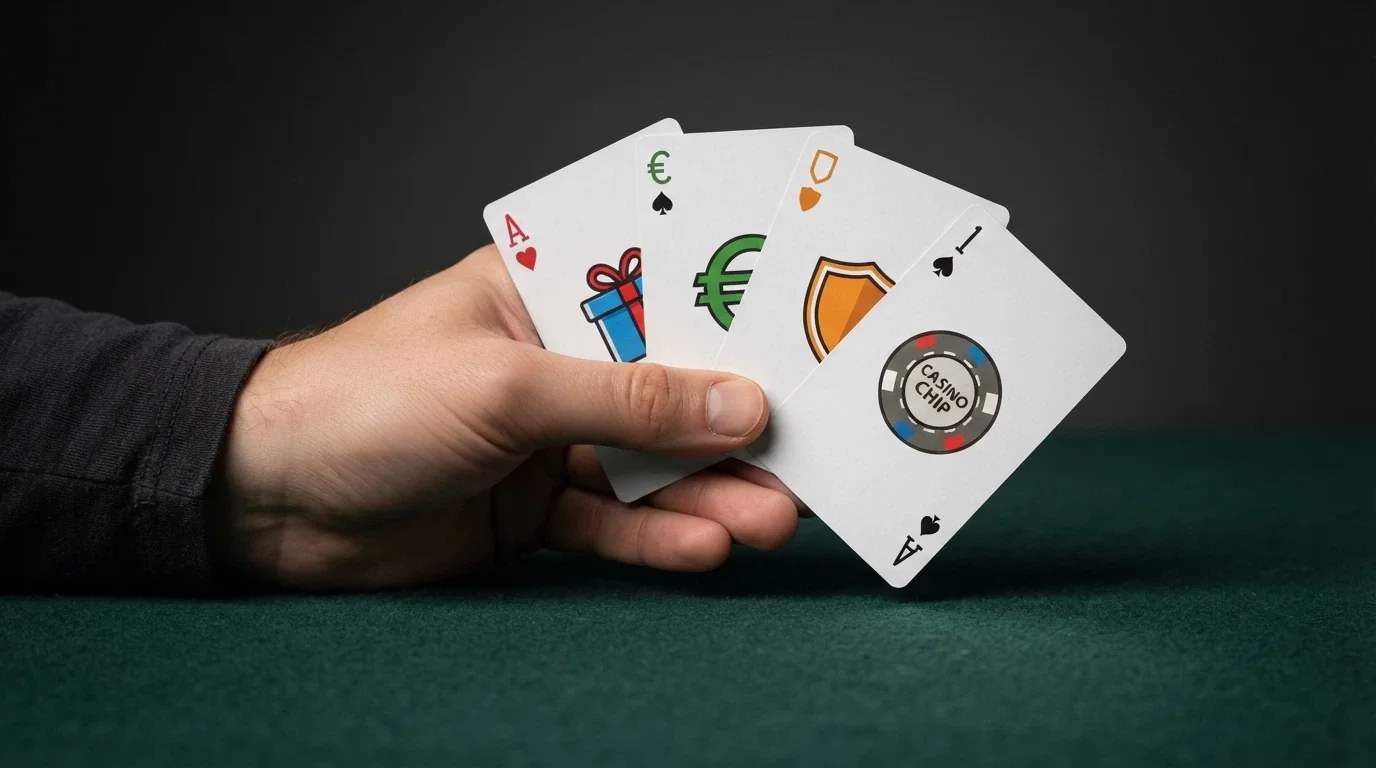 Cuatro cartas de casino dispuestas en abanico, cada una con un icono distinto: regalo, depósito, escudo y moneda