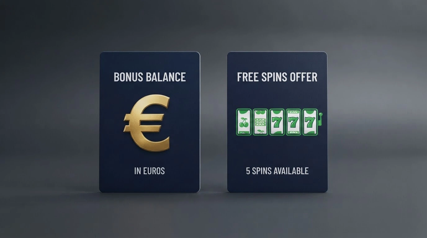 Dos tarjetas comparativas mostrando un bono en saldo de 30€ junto a una oferta de 50 tiradas gratis en un casino español