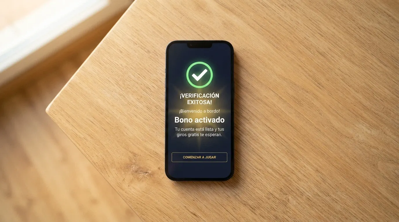 Pantalla de verificación de cuenta en un casino online con una notificación de bono sin depósito activado
