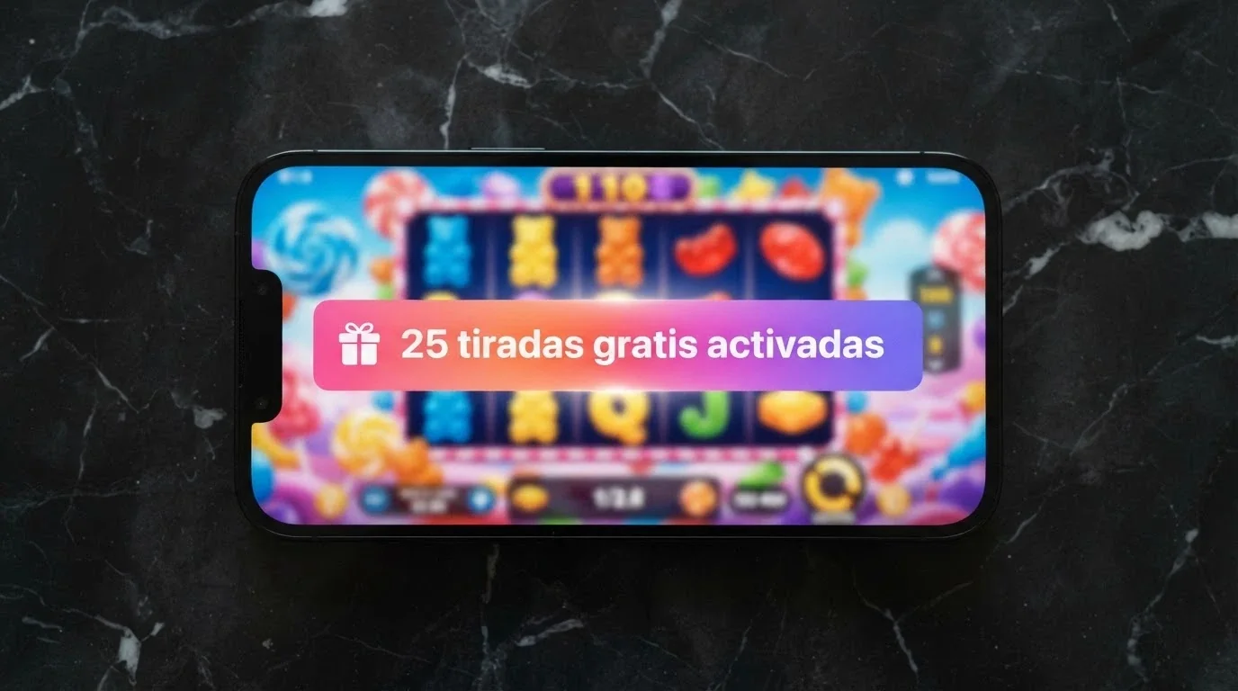Primer plano de una notificación de 25 tiradas gratis activadas sobre el fondo difuminado de una tragaperras de temática de dulces con colores vivos