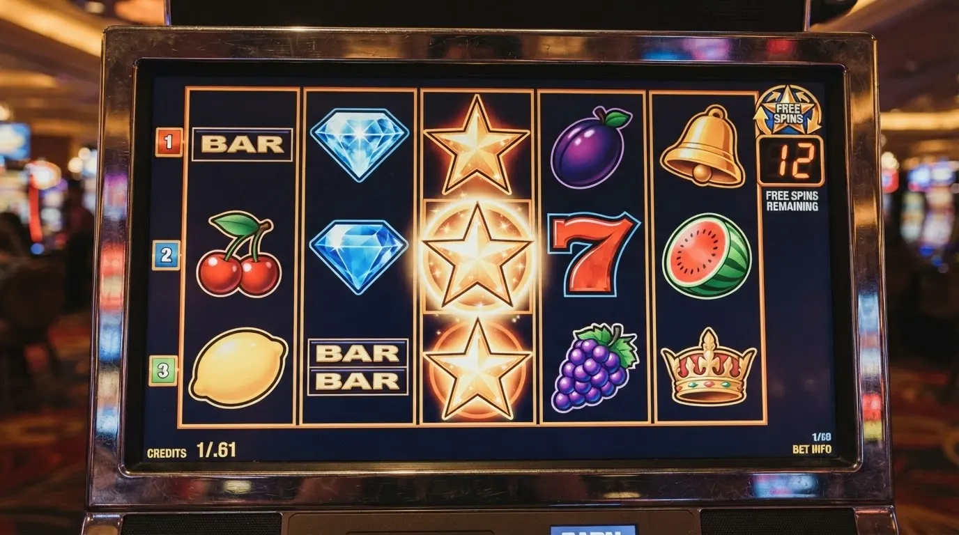 Una ruleta de slot detenida en un símbolo de bonificación, con un contador de tiradas gratis visibles en la esquina superior de la pantalla