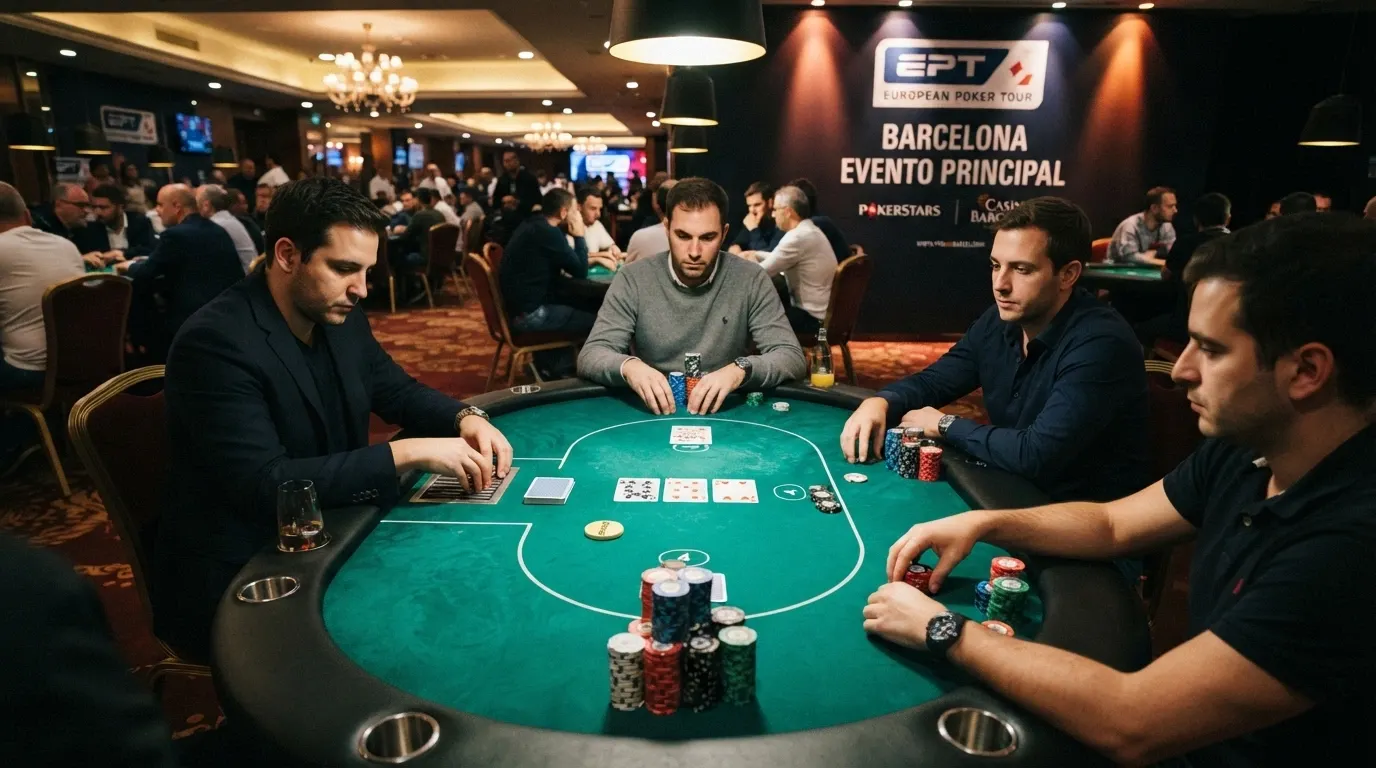 Mesa de poker en el Casino de Barcelona con jugadores, fichas y un cartel del EPT Barcelona visible al fondo