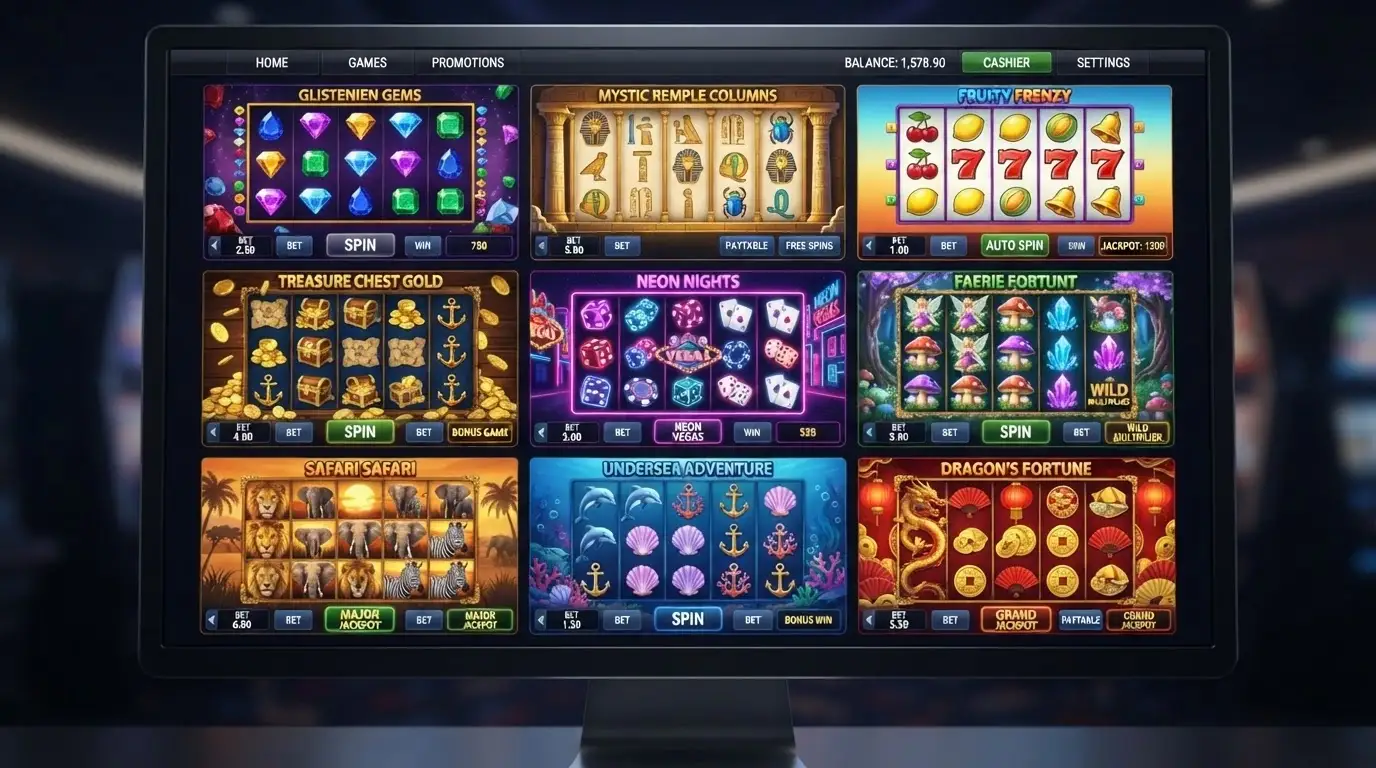 Parrilla de tragamonedas coloridas con títulos de Pragmatic Play y NetEnt sobre el fondo de un lobby de casino