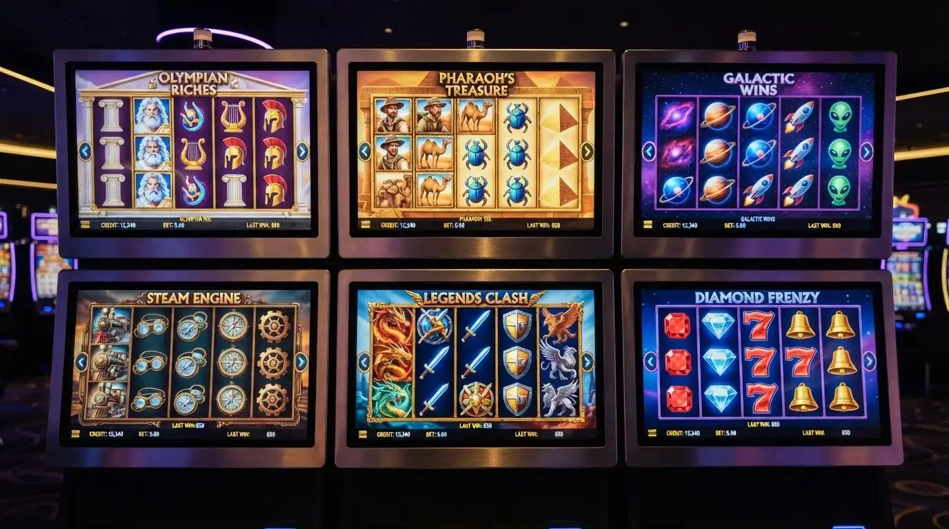 Una cuadrícula con las carátulas de seis tragaperras — Book of 99, Book of Dead, Gates of Olympus, Starburst, Money Train y Zeus vs Hades — ordenadas por su porcentaje de RTP