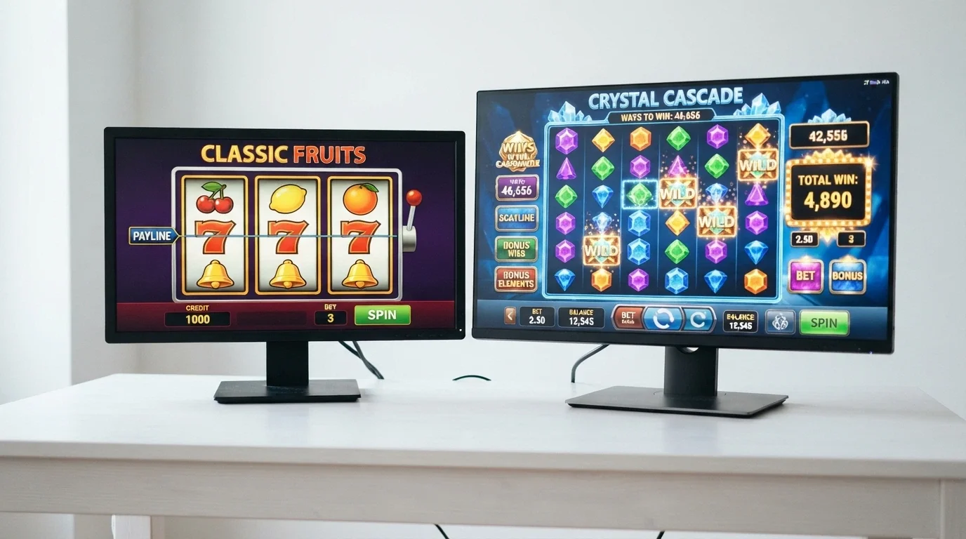 Dos tragaperras en pantalla partida: a la izquierda una clásica de tres rodillos con frutas, a la derecha una Megaways con seis rodillos y contador de formas de ganar
