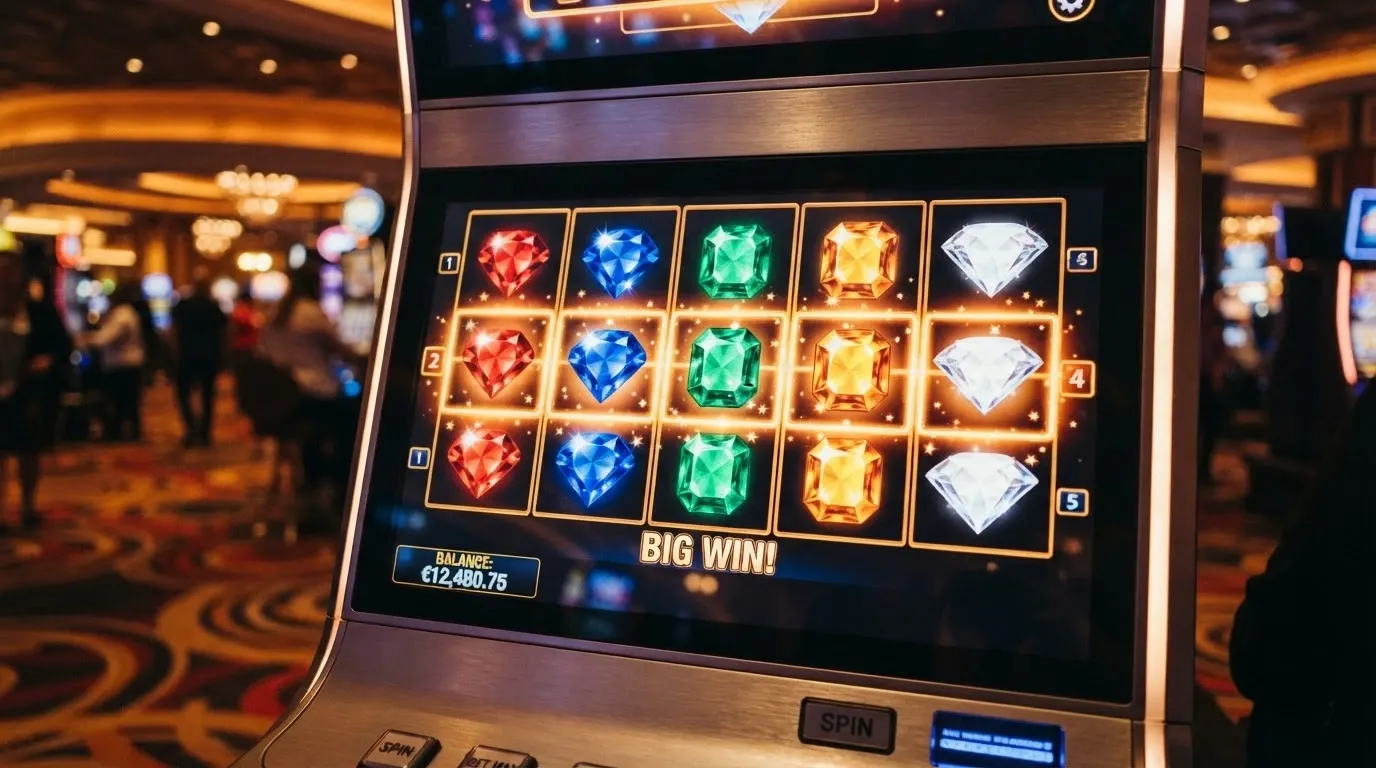 Interfaz del slot Starburst de NetEnt con sus carátulas de joyas de colores y el contador de saldo en euros.