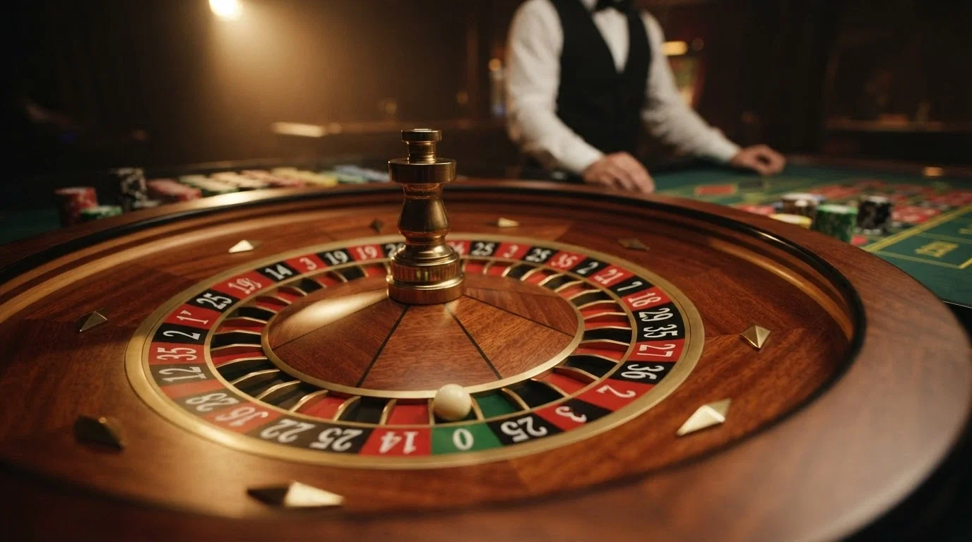 Primer plano de una ruleta europea en vivo con el cero visible y fichas de colores sobre el tapete, con el crupier al fondo