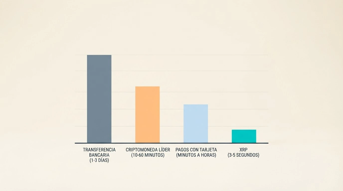 Gráfico comparativo de tiempos de liquidación: XRP frente a transferencia bancaria, tarjeta y Bitcoin