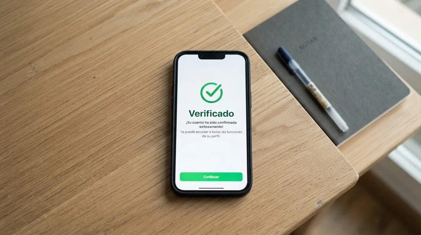 Un documento de identidad junto a un teléfono móvil mostrando una pantalla de verificación de cuenta de casino con un check verde de validación completada