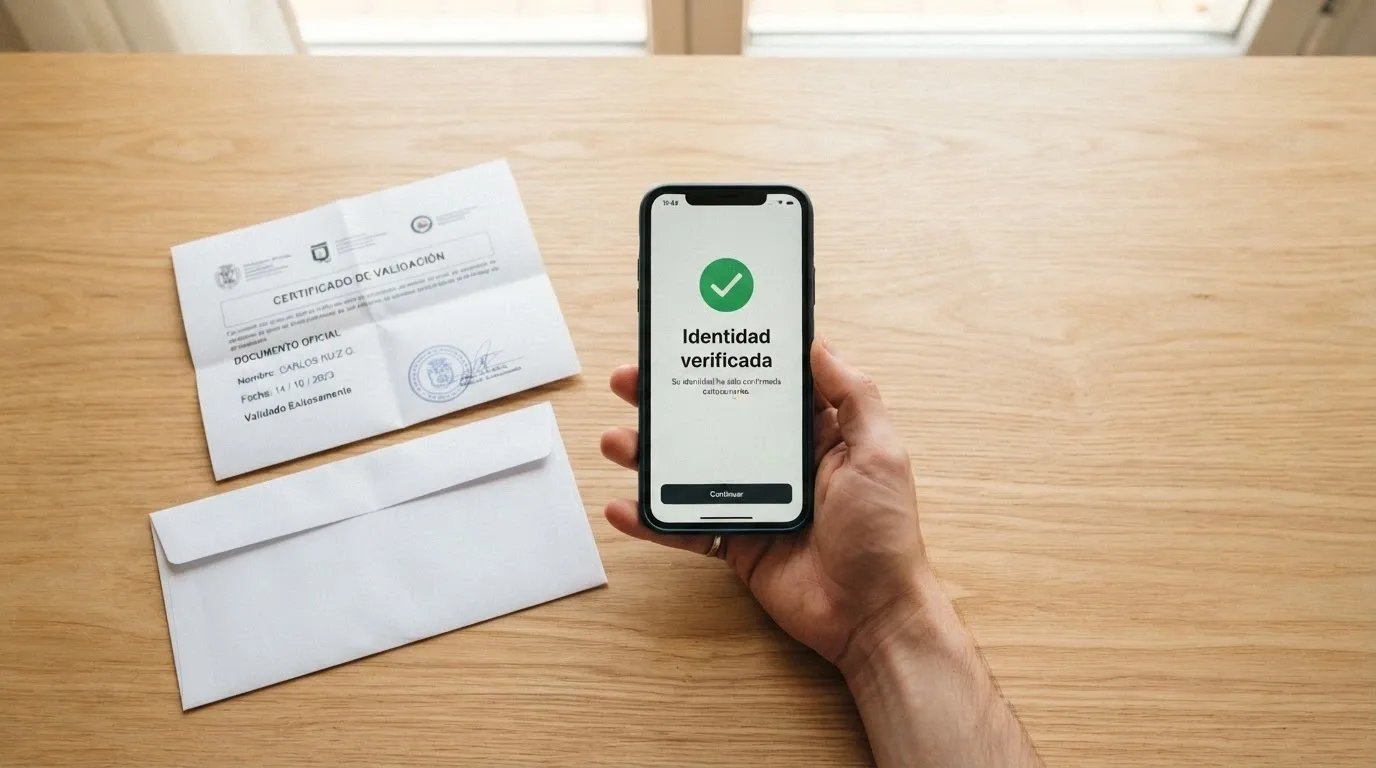 Documento de identidad junto a un teléfono móvil mostrando la pantalla de verificación de un casino, con el icono de verificación completada