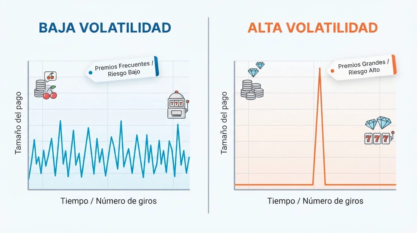 Gráfico conceptual de volatilidad baja frente a alta: pagos pequeños y frecuentes contra pagos grandes y escasos